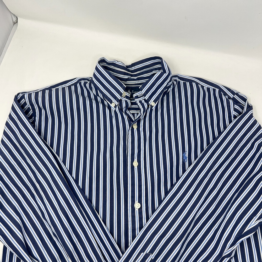 Ralph Lauren Men's Custom Fit Button Up Dress Shirt Blue White Stripe Size Large